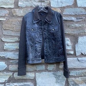 Elements by Vakko Crackle Leather Knit Jacket